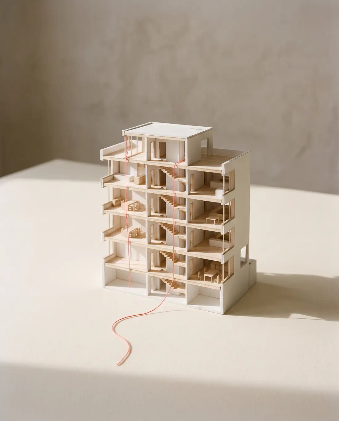 A white architectural model whose floors are all linked by a coral thread