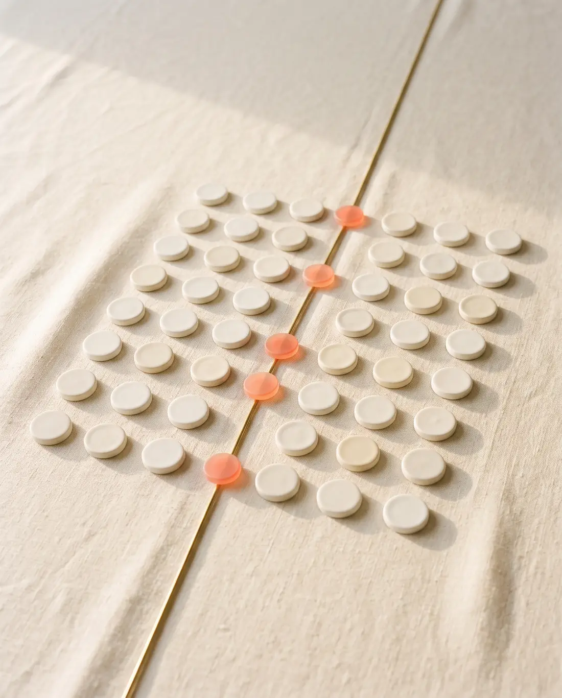 White ceramic tokens, a few guided along a brass thread towards a single point