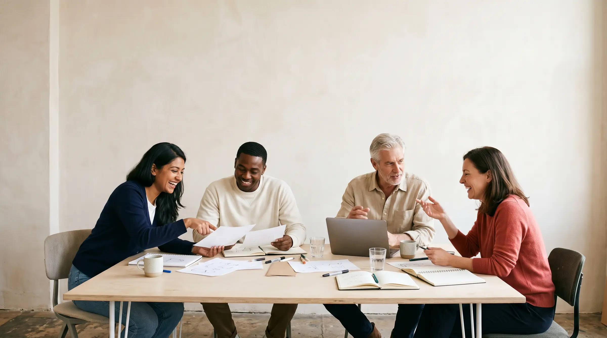 Four colleagues working together around a table, in a sunlit workshop